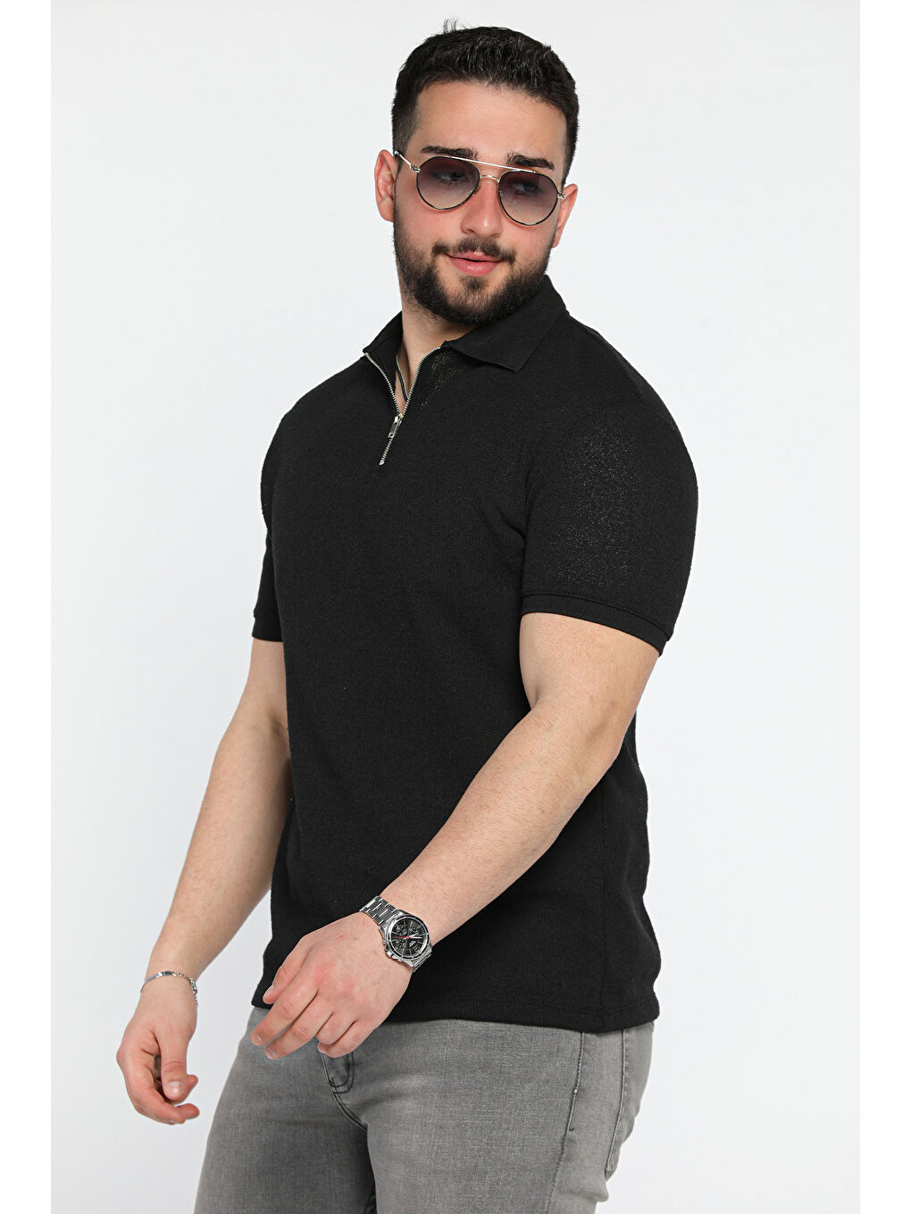 Siyah Erkek Polo Yaka Yarım Fermuarlı Tişört-1