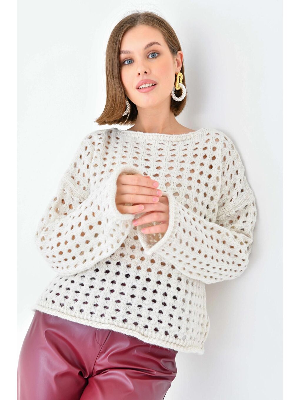 Bej Simli Örgü Detaylı Oversize Bisiklet Yaka Triko Kazak-3