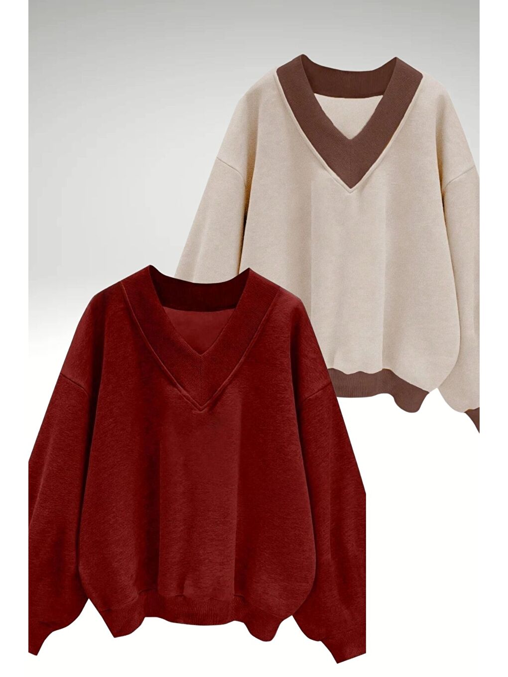 Kadın 3 Iplik Bej Kırmızı Düz V Yaka Oversize 2Li Sweatshirt