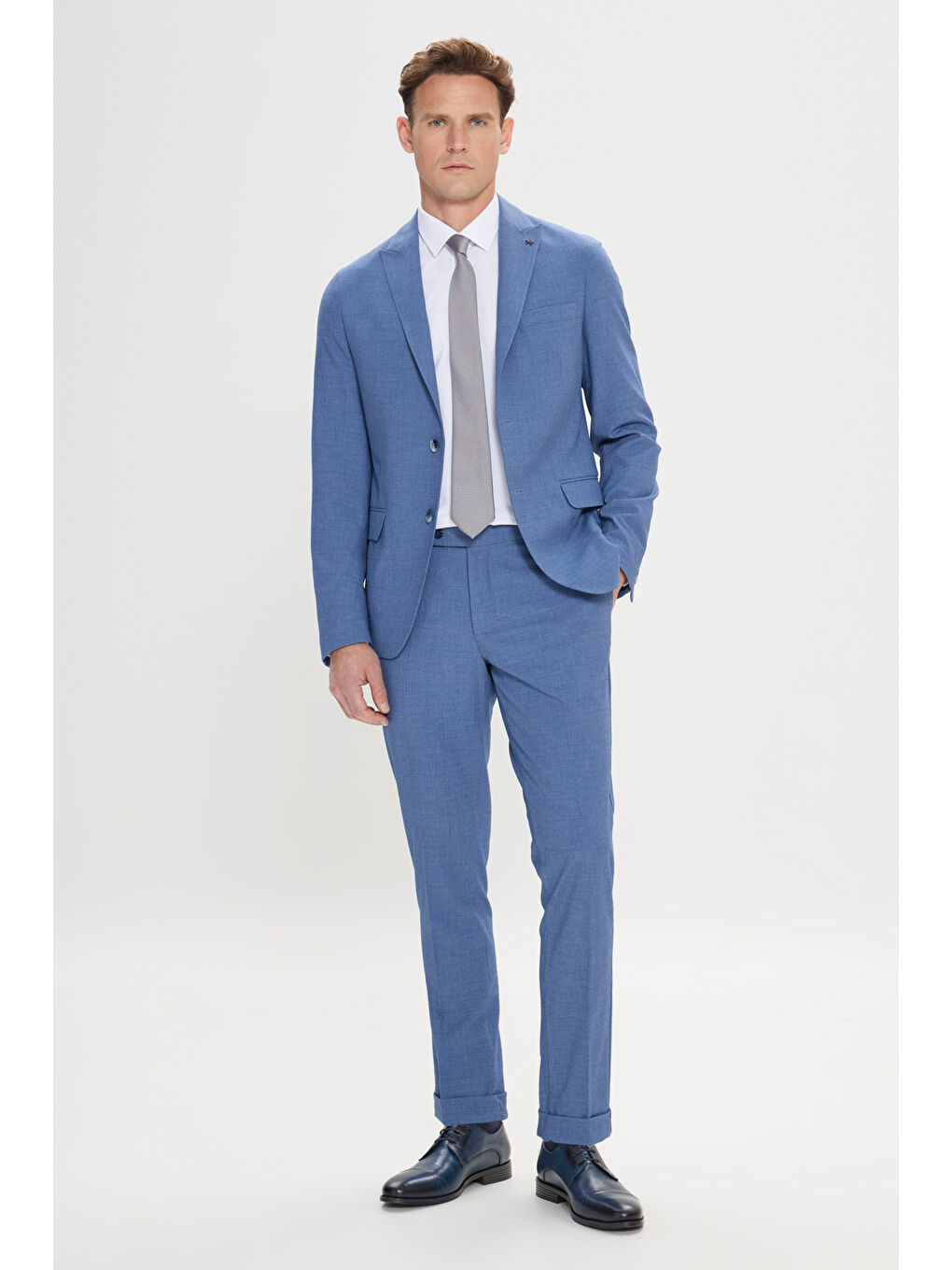 Erkek Mavi Slim Fit Kırlangıç Yaka Gofre Desenli Takım Elbise-1