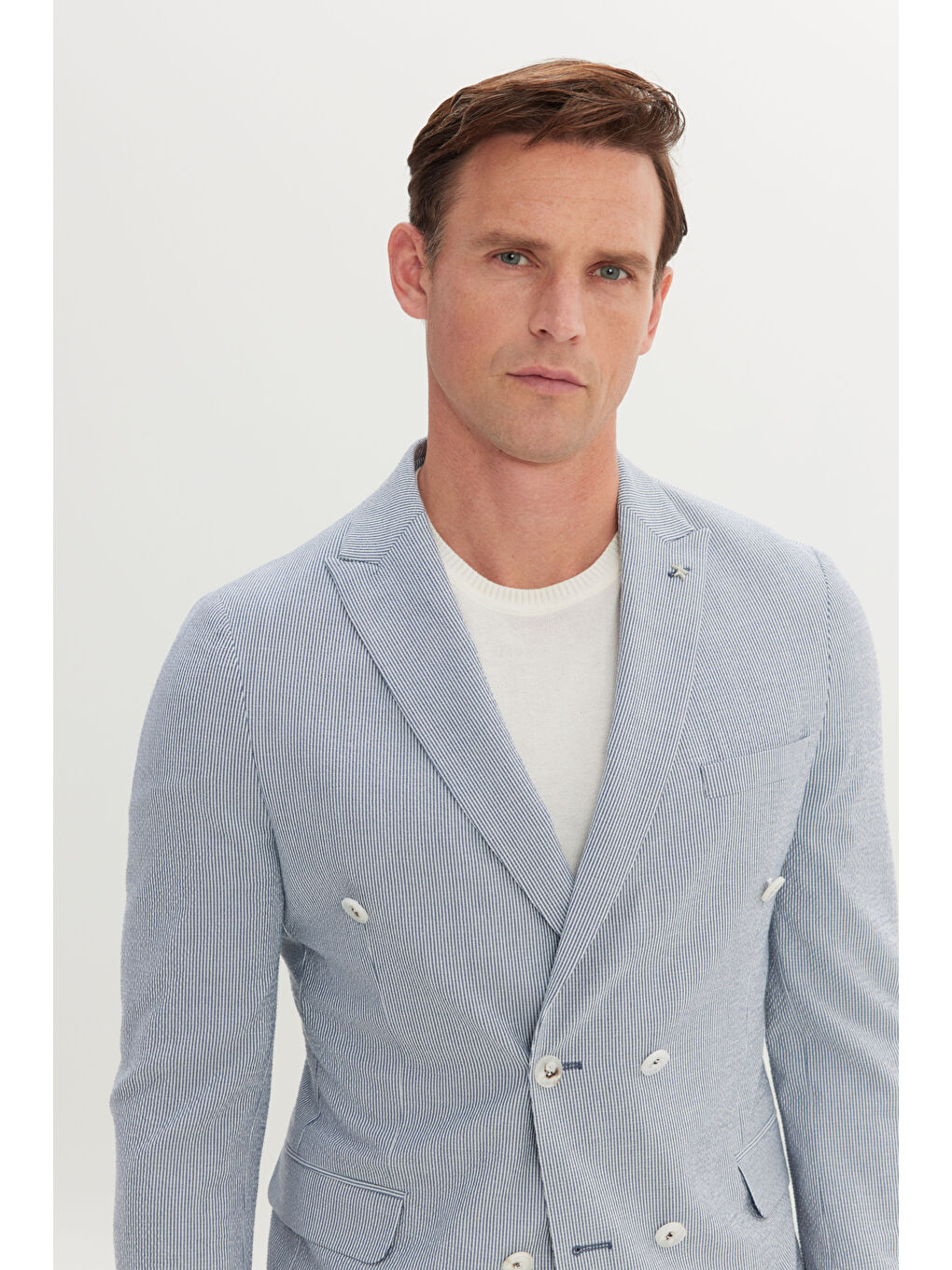 Erkek Lacivert-Beyaz Slim Fit Kırlangıç Yaka Gofre Desenli Kruvaze Takım Elbise-4