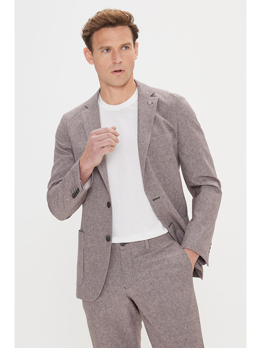 Bej Erkek Vizon Slim Fit Mono Yaka Beli Bağlamalı Desenli Takım Elbise