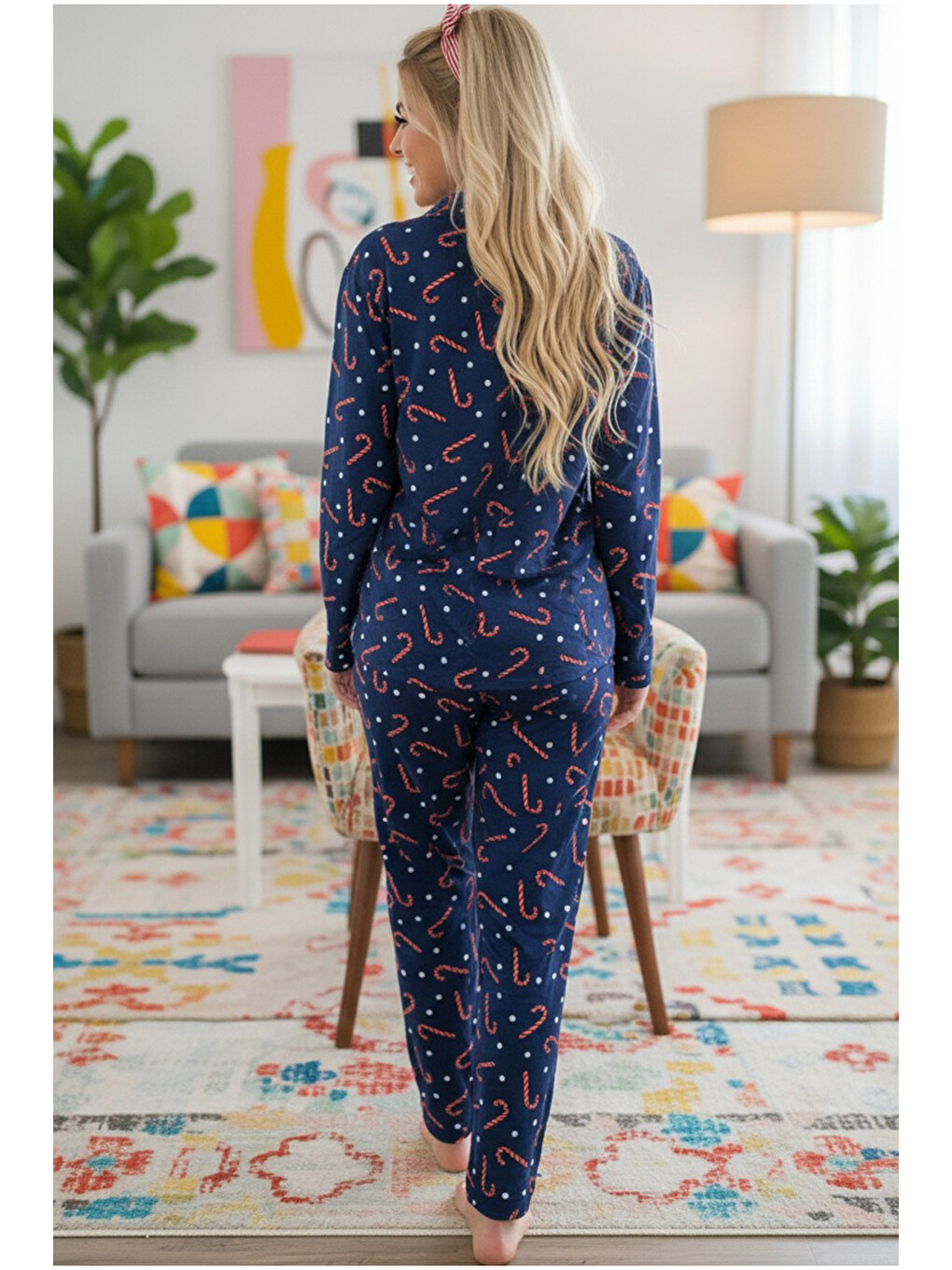 Lacivert Şeker Baston Desenli Yılbaşı Temalı %100pamuklu Örme Düğmeli Pijama Takım 7602-2