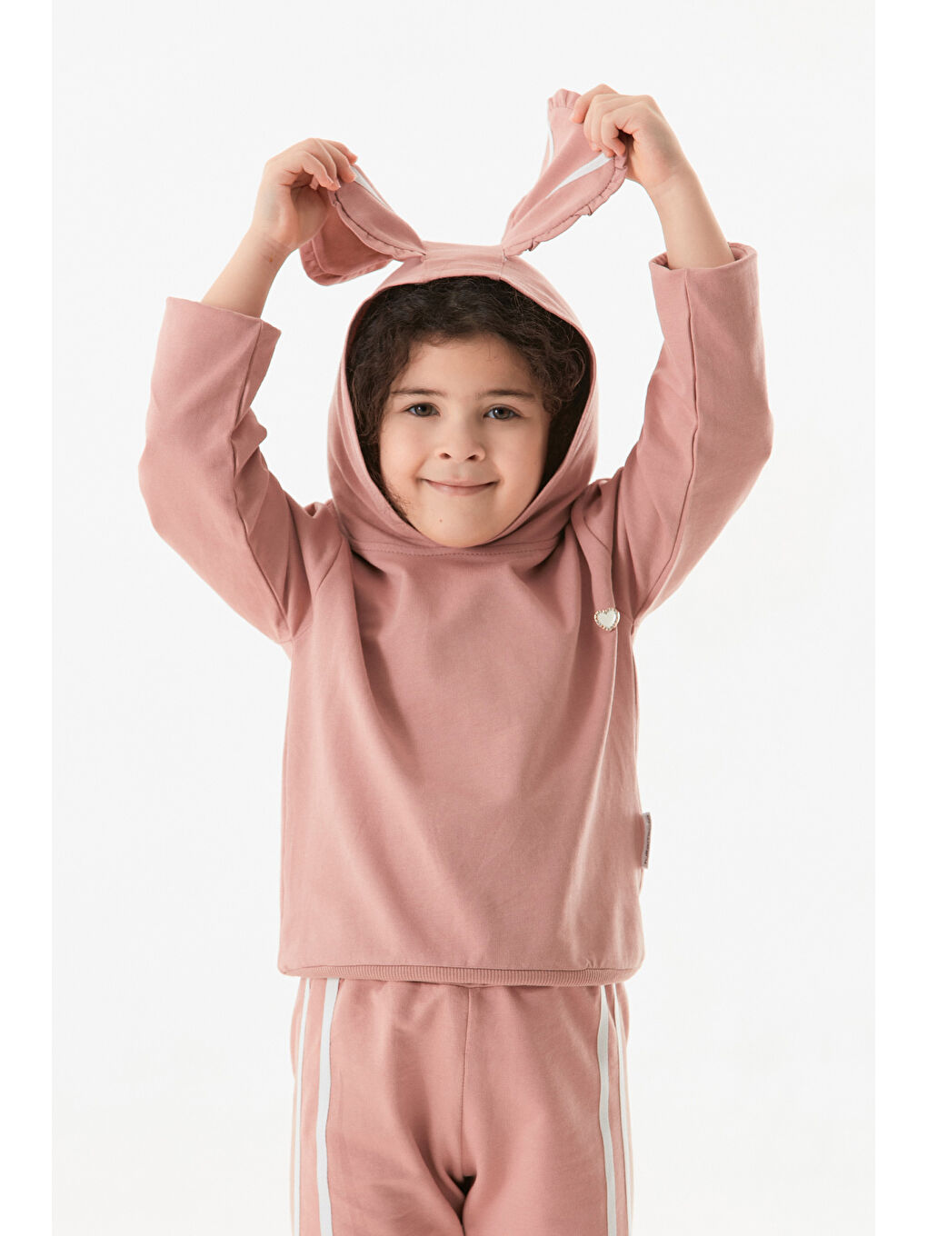 Pembe 100 Pamuk Taşlı Kalp Detaylı Kapüşonlu 2 Li Kız Çocuk Takım-4