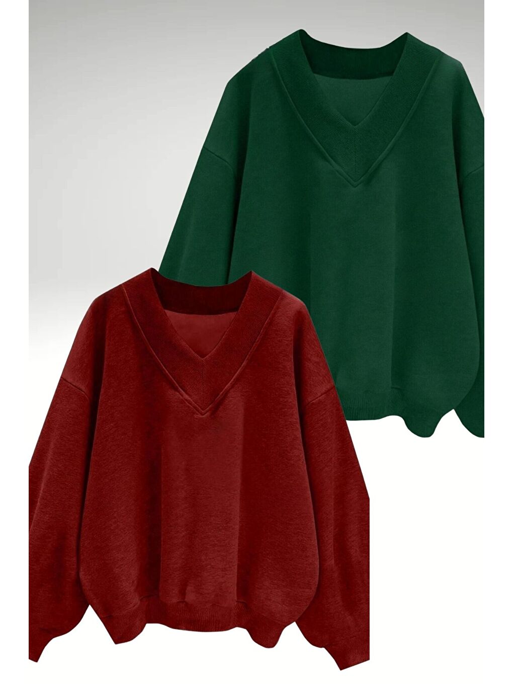 Kadın 3 Iplik Yeşil Kırmızı Düz V Yaka Oversize 2Li Sweatshirt