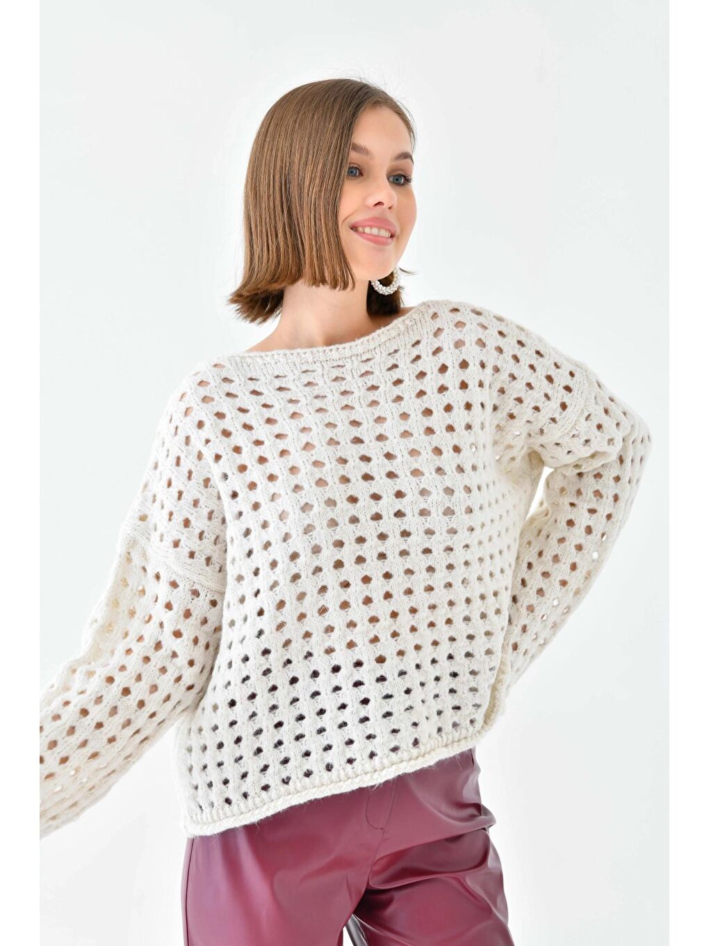 Bej Simli Örgü Detaylı Oversize Bisiklet Yaka Triko Kazak-4