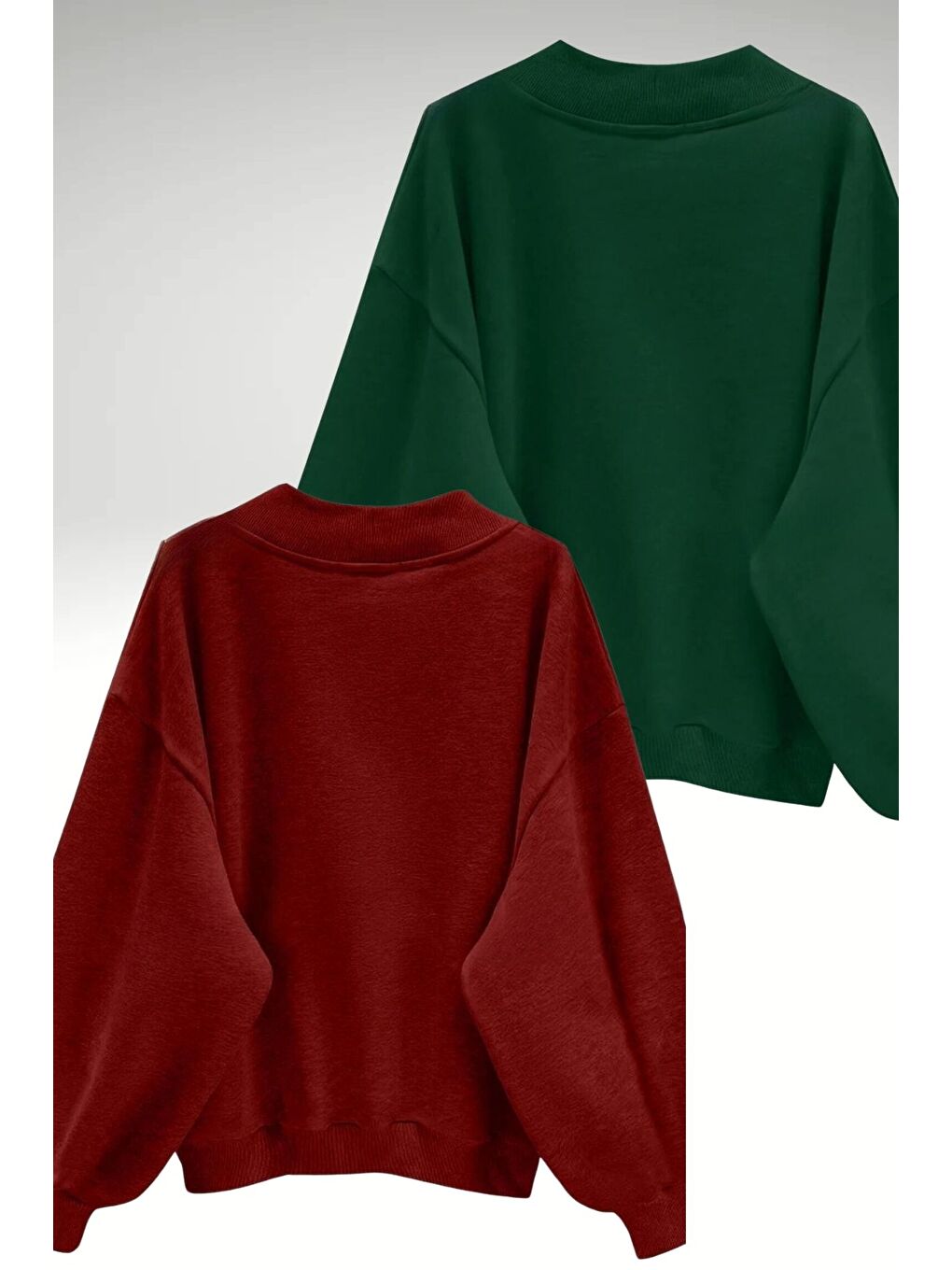 Kadın 3 Iplik Yeşil Kırmızı Düz V Yaka Oversize 2Li Sweatshirt-1