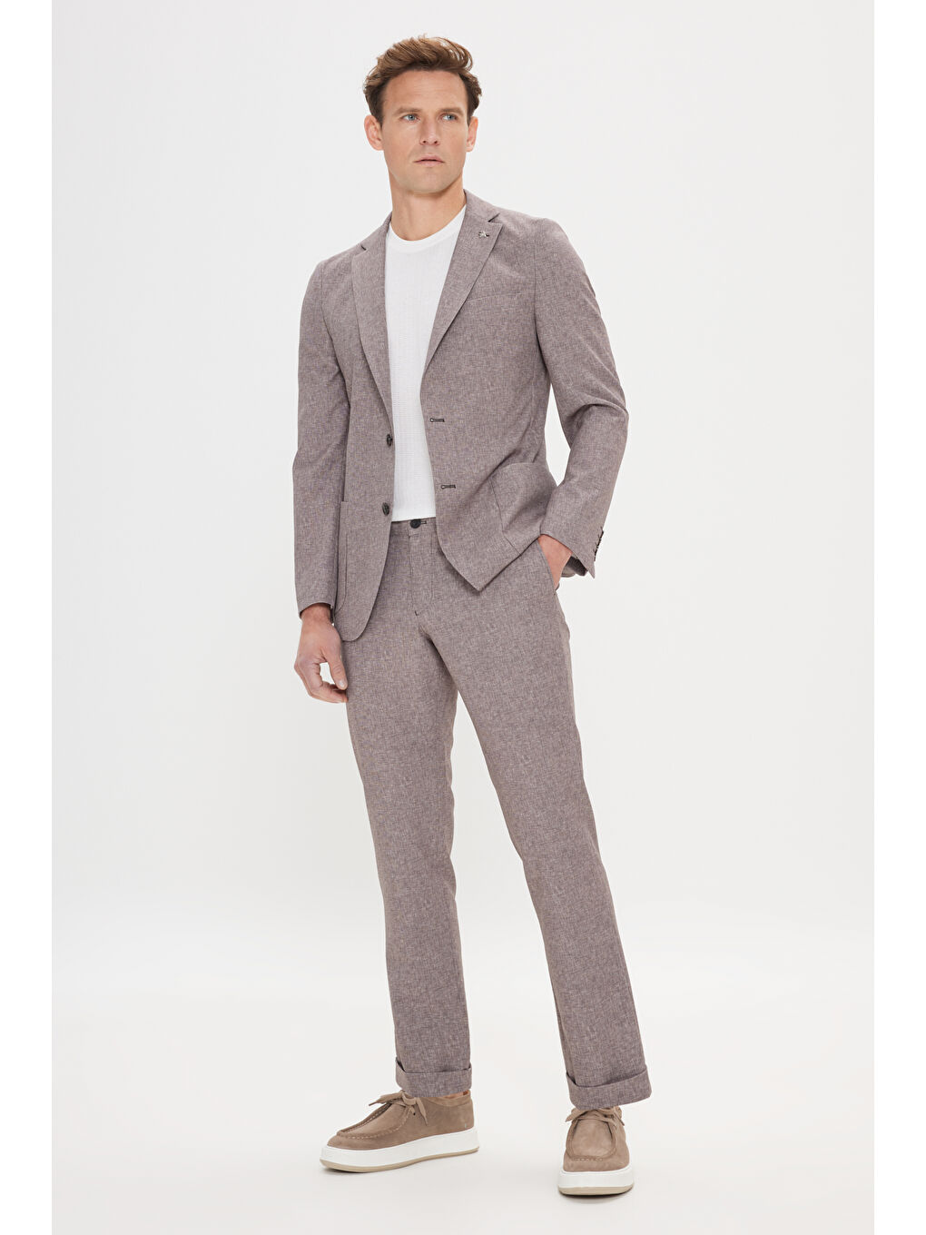 Bej Erkek Vizon Slim Fit Mono Yaka Beli Bağlamalı Desenli Takım Elbise-1