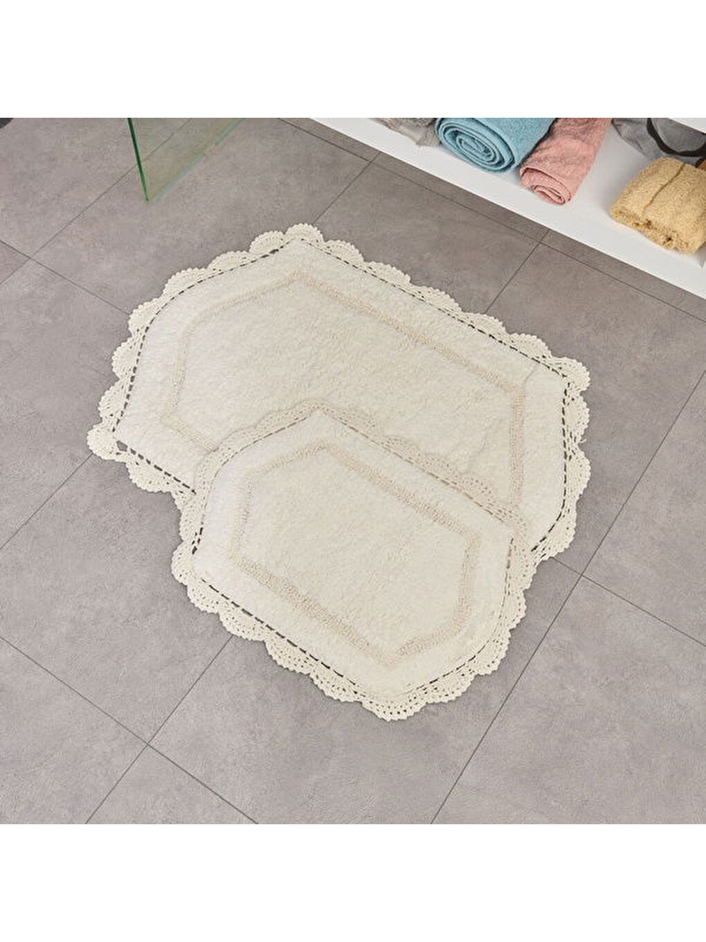 Soft Lace 2'li Banyo Paspası - Ekru - 40x60 cm + 60x90 cm