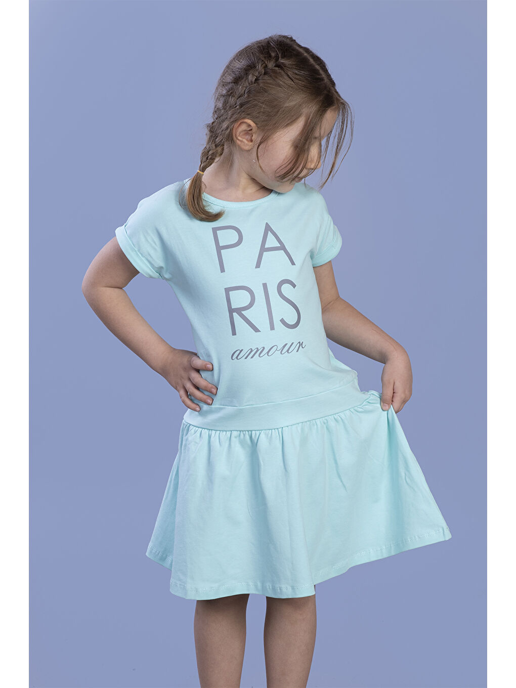 Turkuaz Kız Çocuk Reflektör Baskılı Elbise