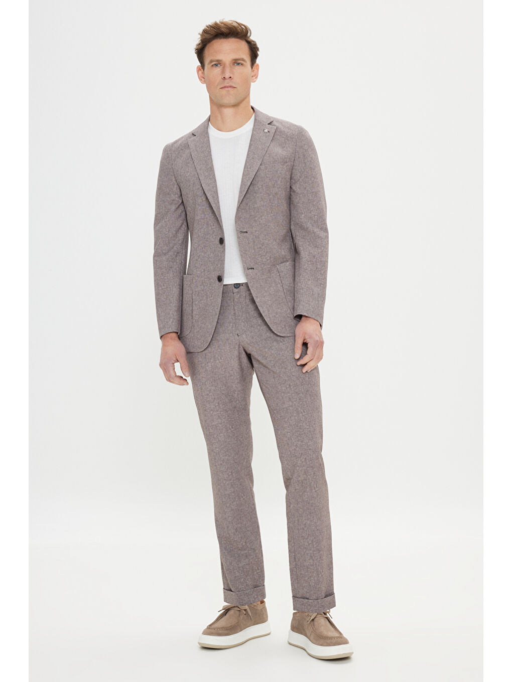 Bej Erkek Vizon Slim Fit Mono Yaka Beli Bağlamalı Desenli Takım Elbise-3