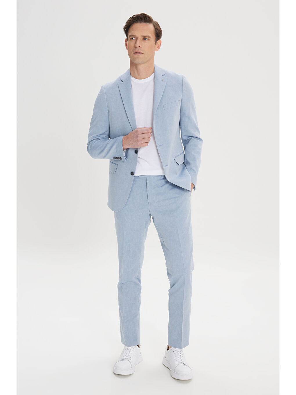 Erkek Mavi Slim Fit Mono Yaka Pamuklu Diagonal Desenli Takım Elbise-1