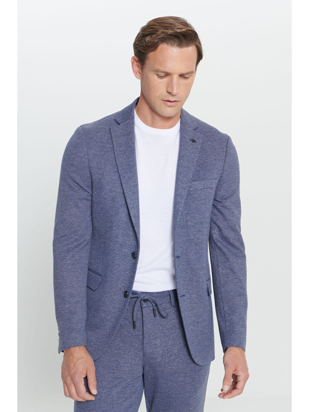 Erkek Lacivert-Beyaz Slim Fit Mono Yaka Desenli Beli Bağlamalı Takım Elbise