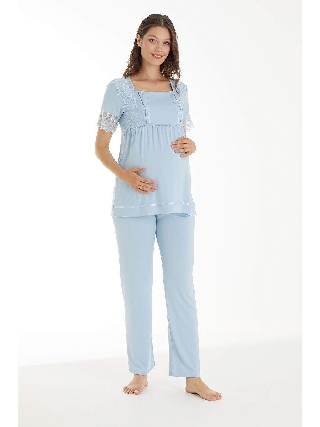Mavi Emzirmeye Uygun Dantel Detaylı Kısa Kol Hamile ve Lohusa Pijama Takımı
