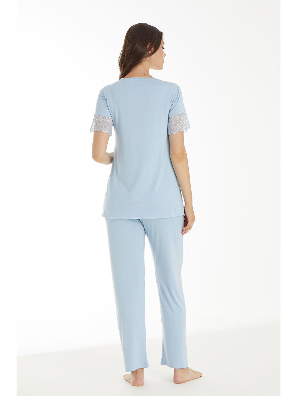 Mavi Emzirmeye Uygun Dantel Detaylı Kısa Kol Hamile ve Lohusa Pijama Takımı-1