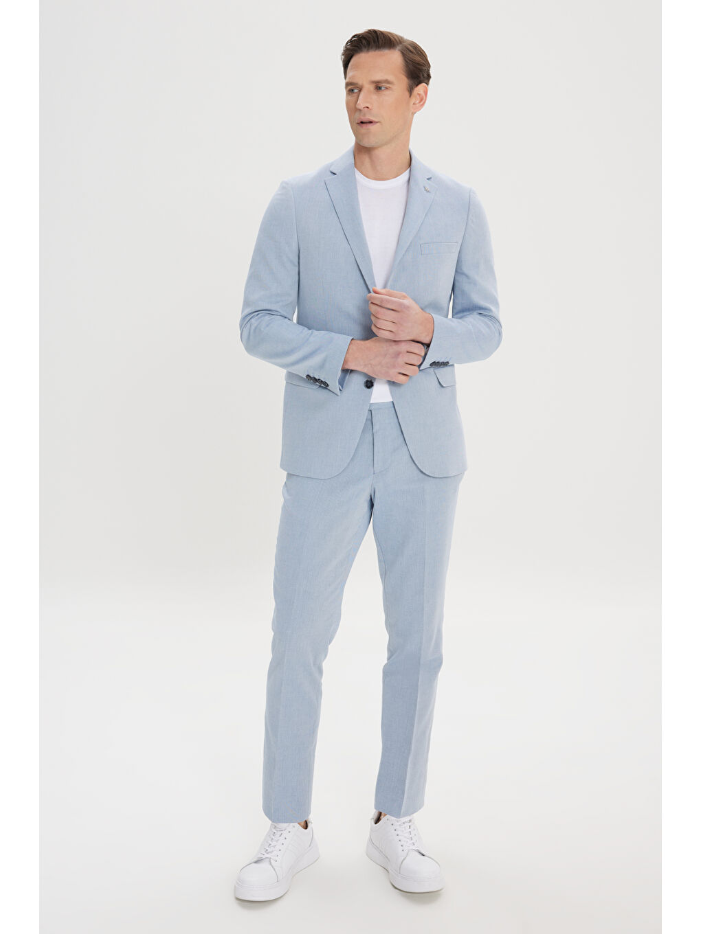 Erkek Mavi Slim Fit Mono Yaka Pamuklu Diagonal Desenli Takım Elbise-3