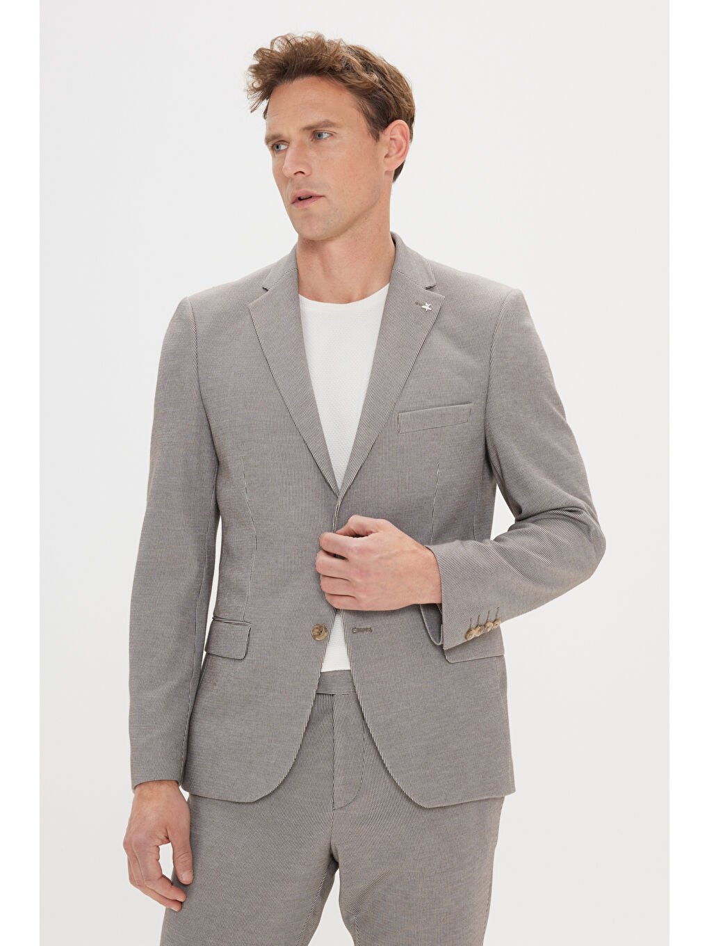 Bej Erkek Vizon Slim Fit Dar Kesim Mono Yaka Çizgili Takım Elbise-3