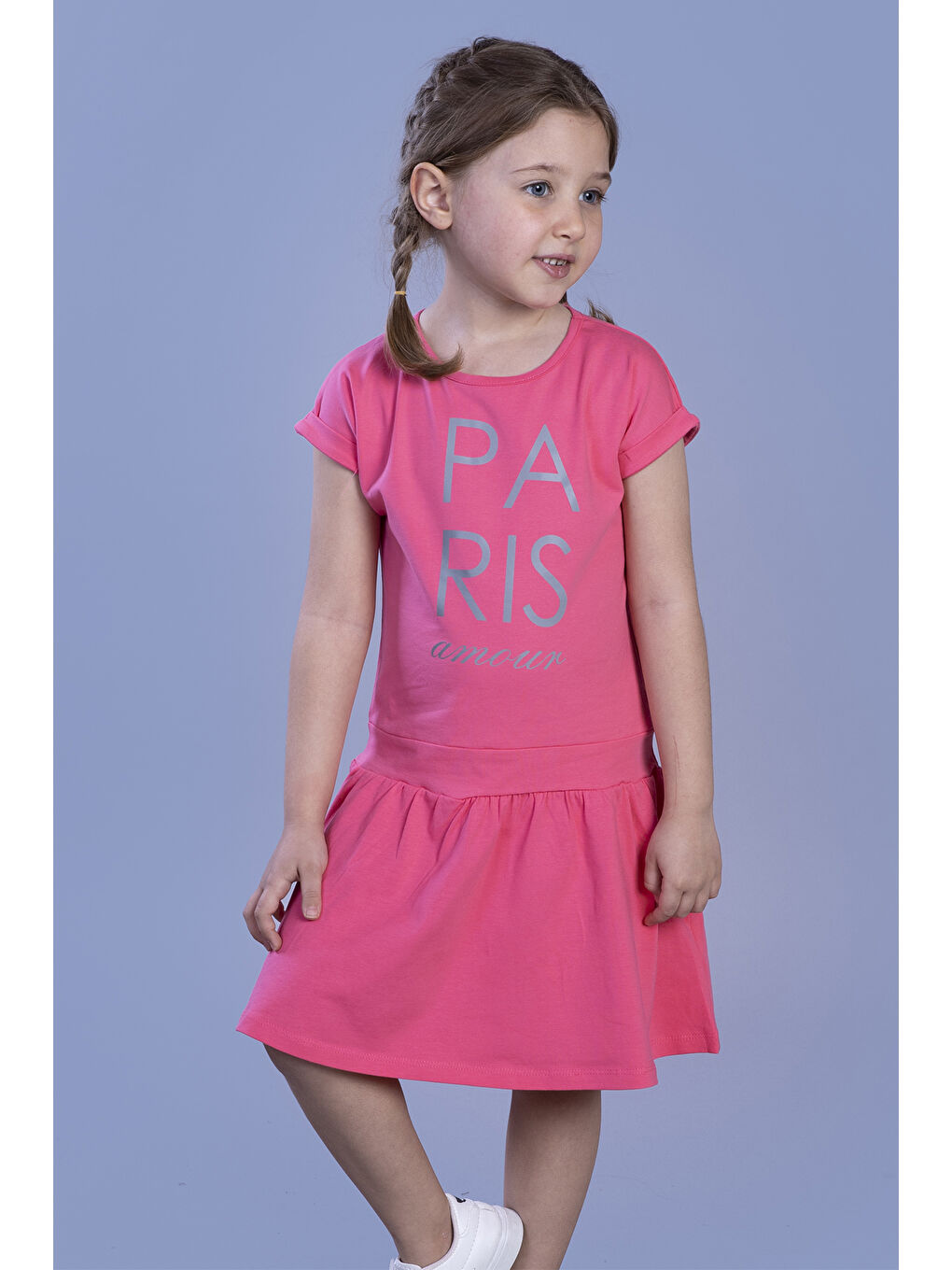 Fuşya Kız Çocuk Reflektör Baskılı Elbise