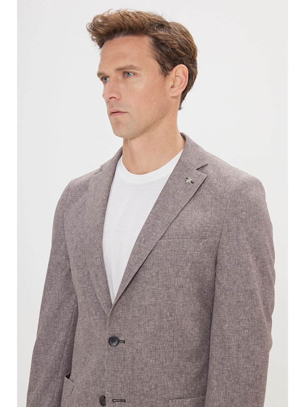 Bej Erkek Vizon Slim Fit Mono Yaka Beli Bağlamalı Desenli Takım Elbise-4