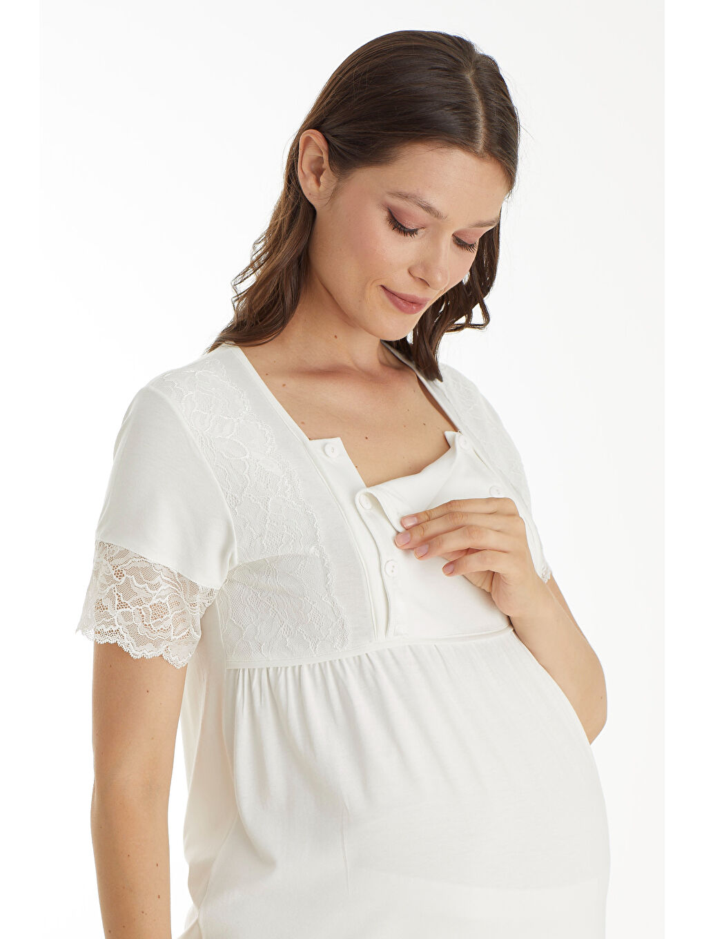 Beyaz Emzirmeye Uygun Dantel Detaylı Kısa Kol Hamile ve Lohusa Pijama Takımı-3