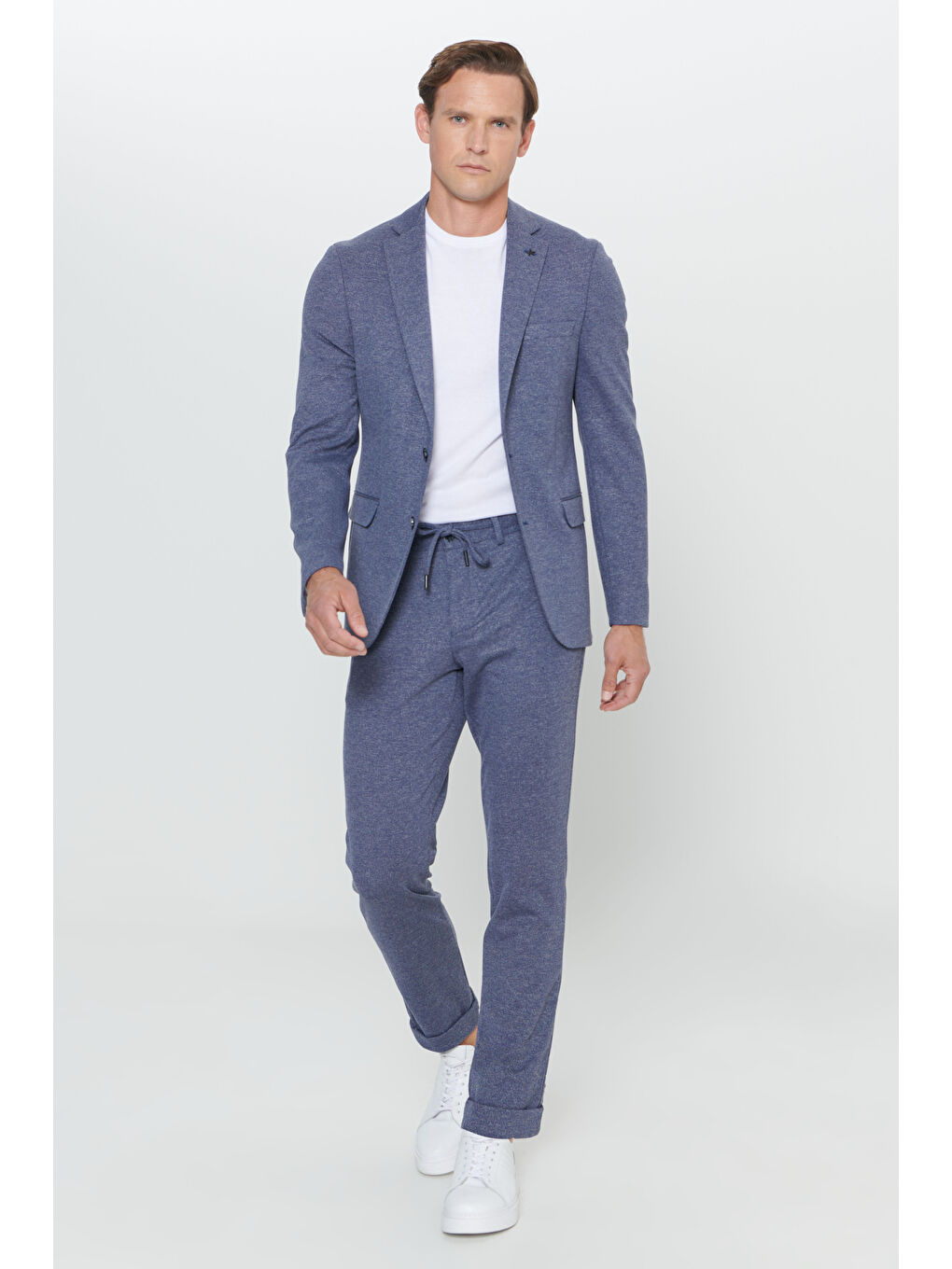 Erkek Lacivert-Beyaz Slim Fit Mono Yaka Desenli Beli Bağlamalı Takım Elbise-1