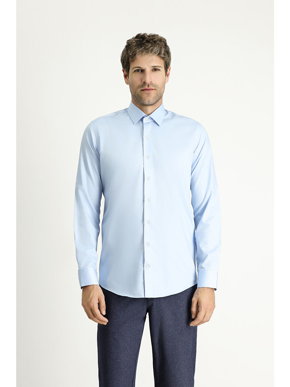 Mavi Uzun Kol Slim Fit Dar Kesim Non Iron Klasik Pamuklu Gömlek-2