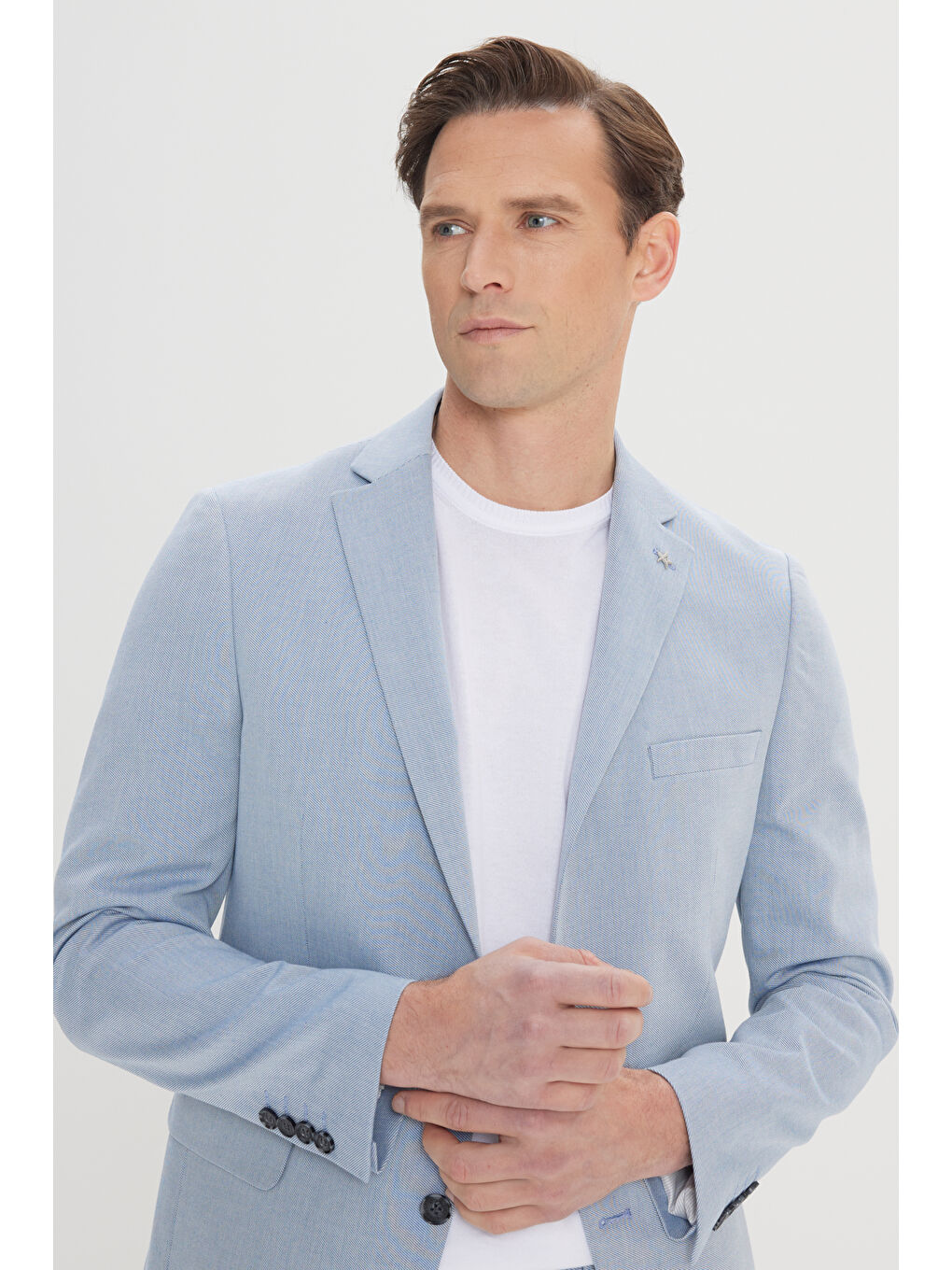 Erkek Mavi Slim Fit Mono Yaka Pamuklu Diagonal Desenli Takım Elbise-4