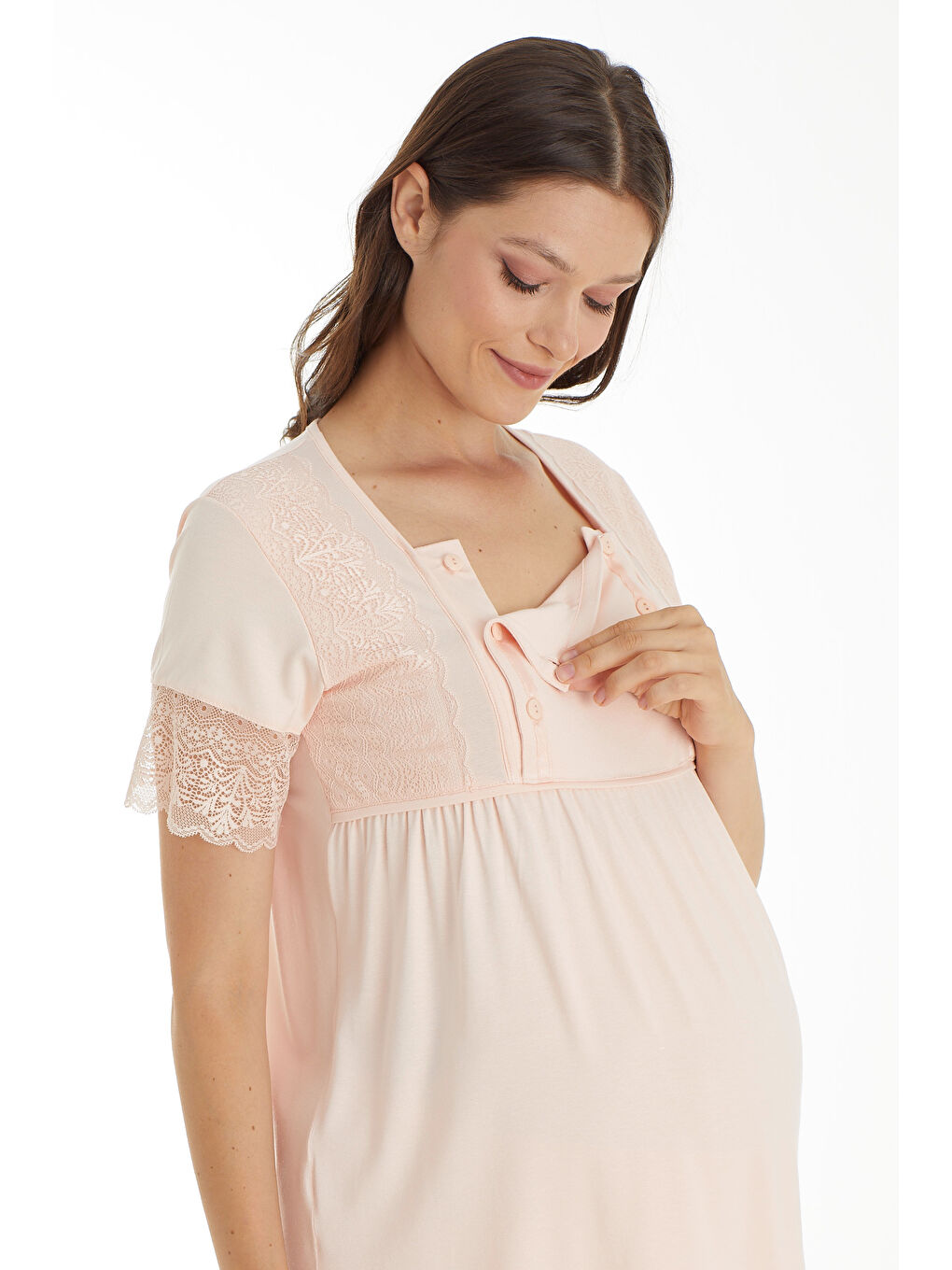 Pembe Somon Emzirmeye Uygun Dantel Detaylı Kısa Kol Hamile ve Lohusa Pijama Takımı-2