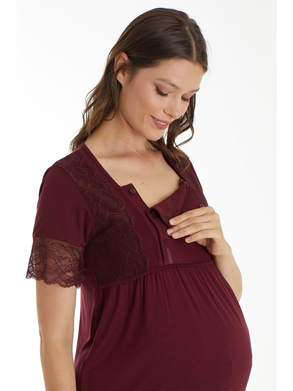 Bordo Emzirmeye Uygun Dantel Detaylı Kısa Kol Hamile ve Lohusa Pijama Takımı-3