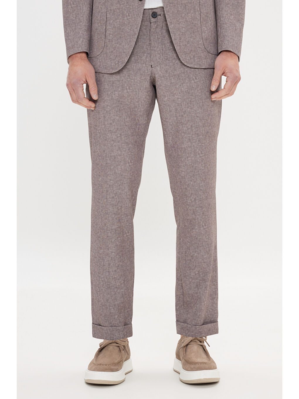 Bej Erkek Vizon Slim Fit Mono Yaka Beli Bağlamalı Desenli Takım Elbise-5