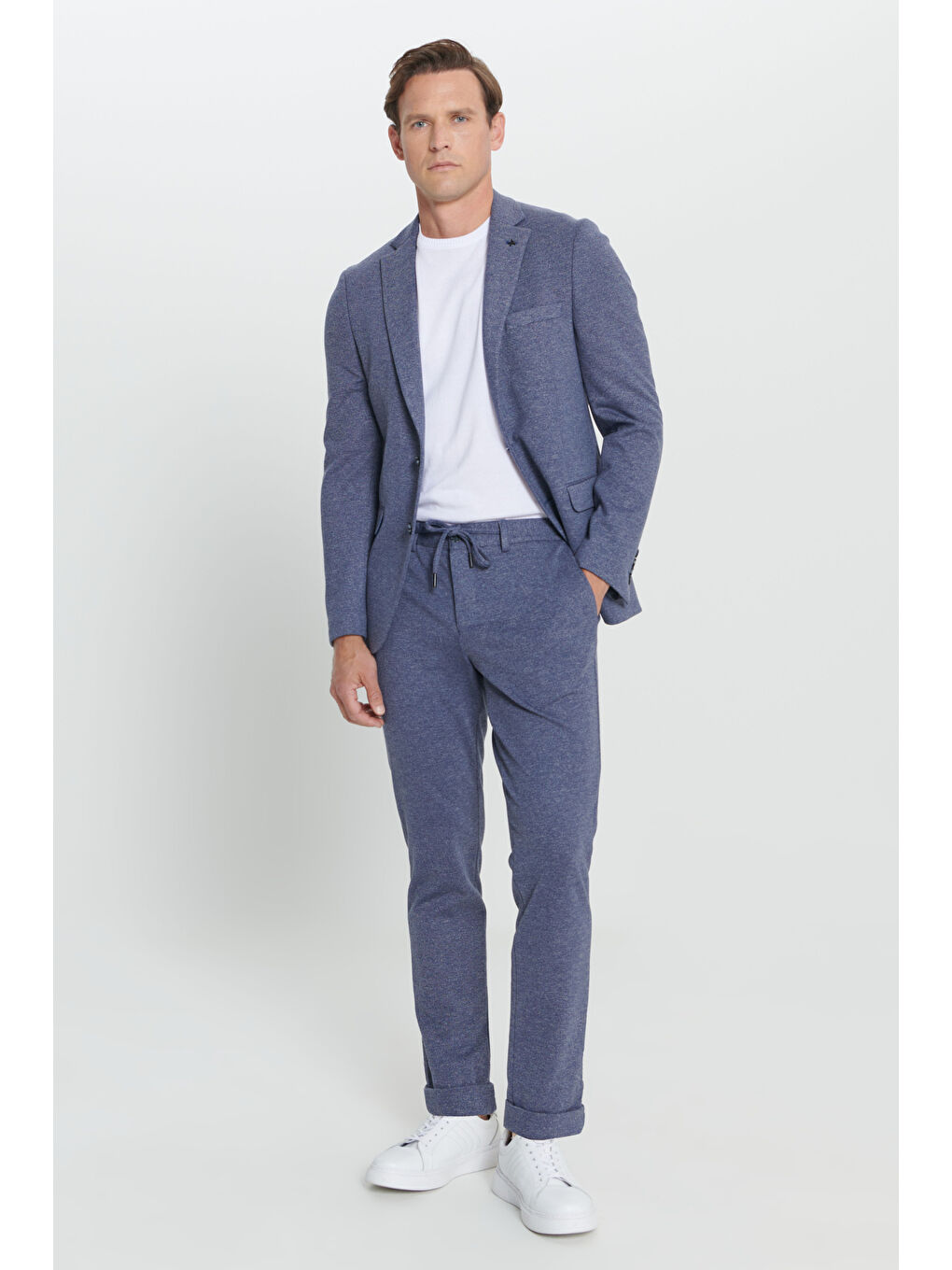 Erkek Lacivert-Beyaz Slim Fit Mono Yaka Desenli Beli Bağlamalı Takım Elbise-3