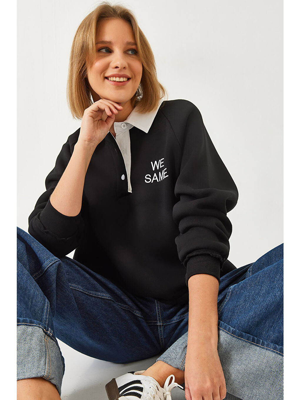 Siyah Kadın Polo Yaka Üç İplik Şardonlu Sweatshirt