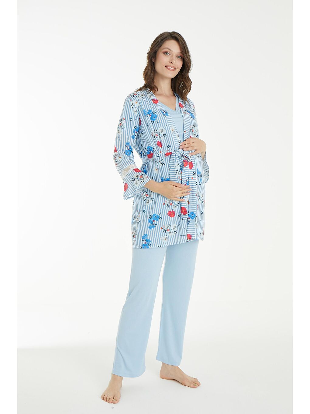 Beyaz Mavi Çicek Desen Sabahlıklı Hamile ve Lohusa Pijama Takımı-1