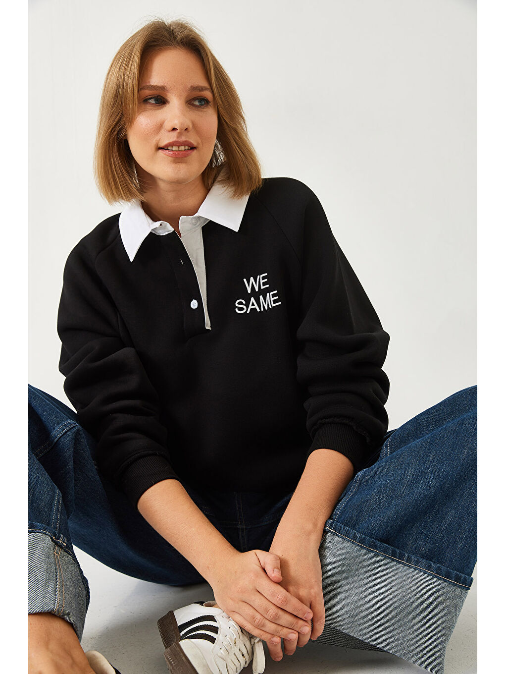 Siyah Kadın Polo Yaka Üç İplik Şardonlu Sweatshirt-1