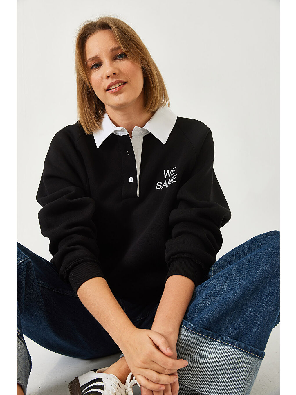 Siyah Kadın Polo Yaka Üç İplik Şardonlu Sweatshirt-2