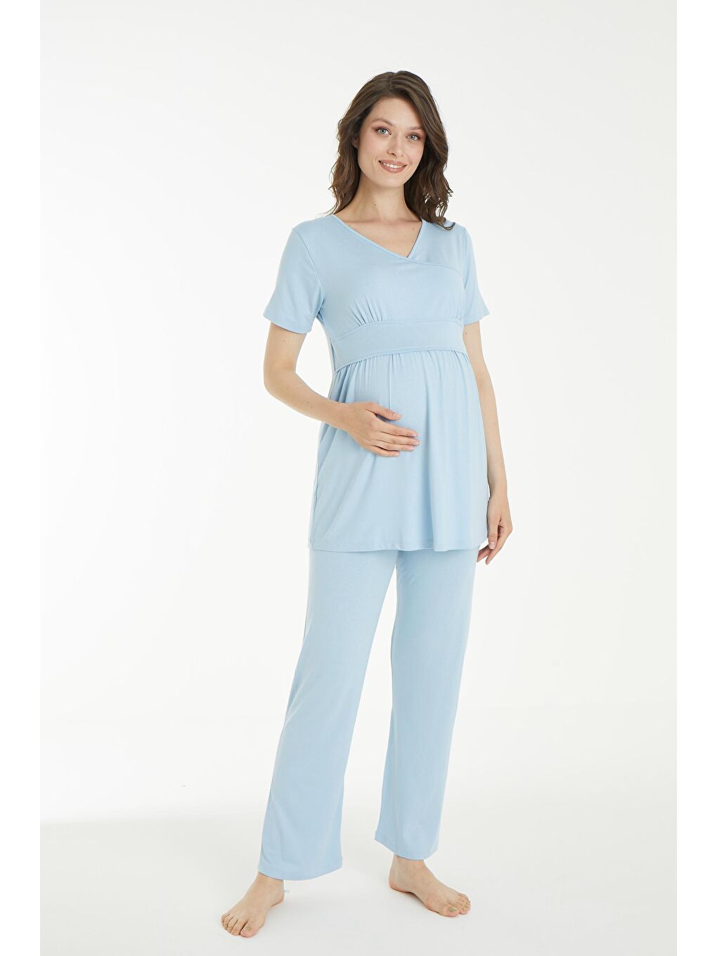 Beyaz Mavi Çicek Desen Sabahlıklı Hamile ve Lohusa Pijama Takımı-4