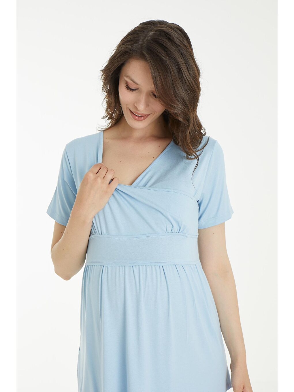 Beyaz Mavi Çicek Desen Sabahlıklı Hamile ve Lohusa Pijama Takımı-5