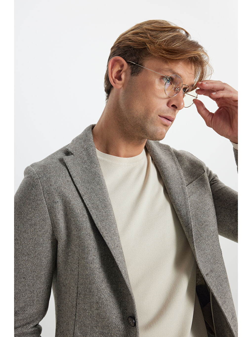 Kahverengi Erkek Kahve-Bej Slim Fit Dar Kesim Mono Yaka Desenli Torba Cepli Yün Blazer Ceket-3