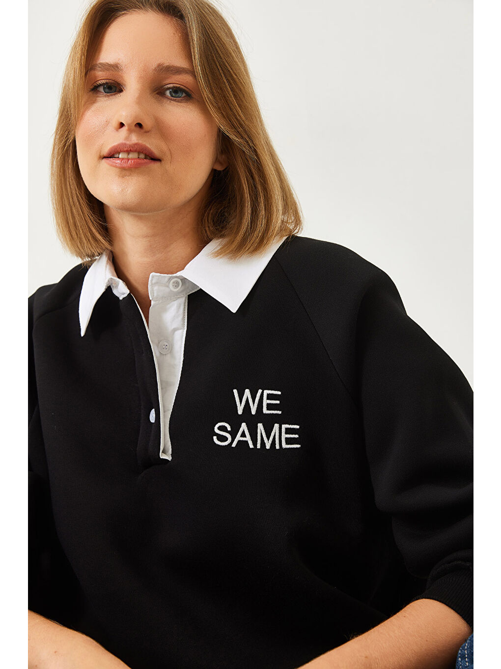 Siyah Kadın Polo Yaka Üç İplik Şardonlu Sweatshirt-3
