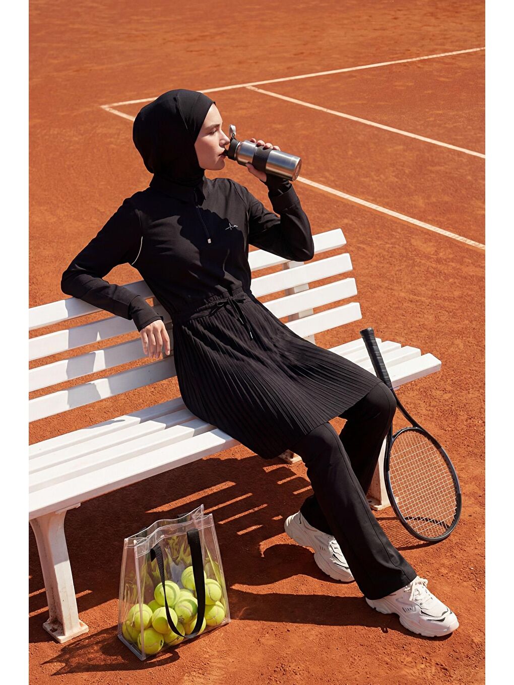 Active H-Per Fit Pileli Siyah Tesettür Tenisçi Üstü Act-41-1