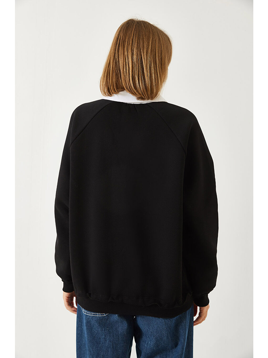 Siyah Kadın Polo Yaka Üç İplik Şardonlu Sweatshirt-4