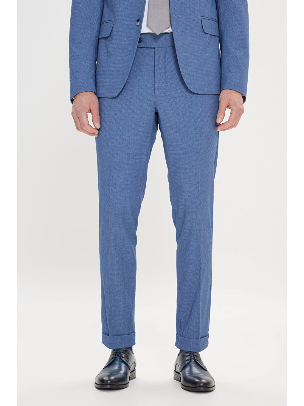 Erkek Mavi Slim Fit Kırlangıç Yaka Gofre Desenli Takım Elbise-7