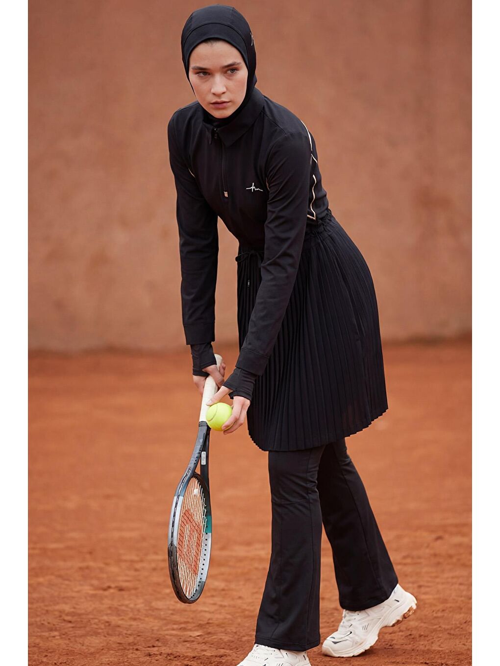 Active H-Per Fit Pileli Siyah Tesettür Tenisçi Üstü Act-41-2