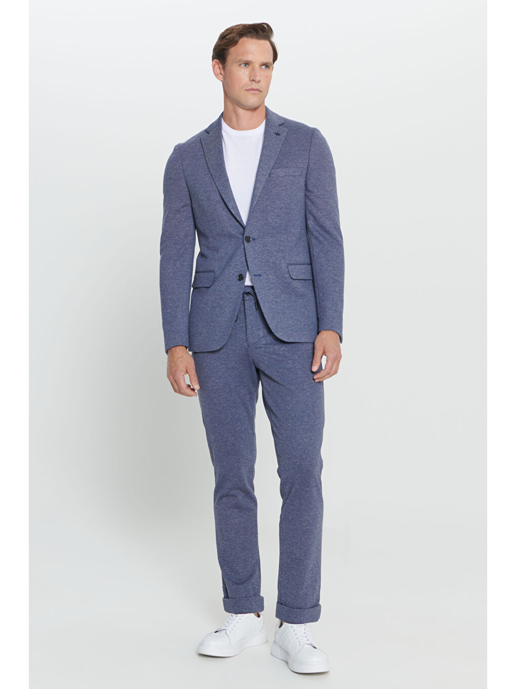 Erkek Lacivert-Beyaz Slim Fit Mono Yaka Desenli Beli Bağlamalı Takım Elbise-4