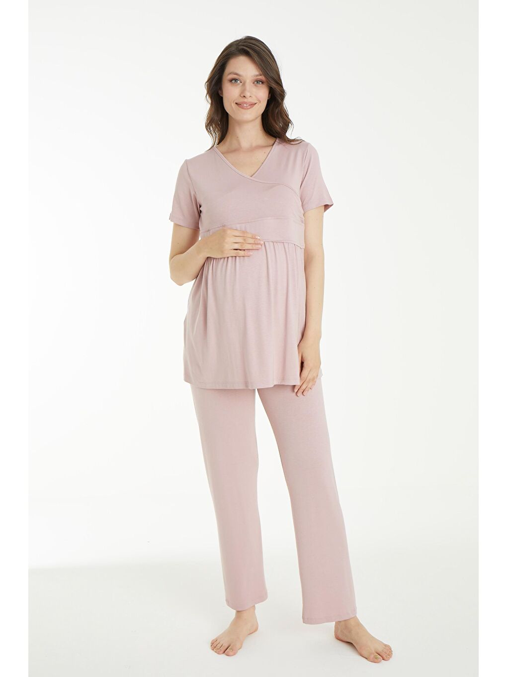 Pembe Pudra Beyaz Desen Sabahlıklı Hamile ve Lohusa Pijama Takımı