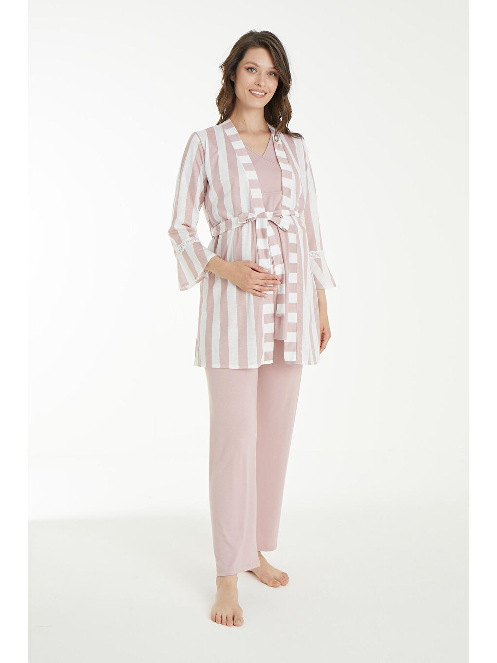 Pembe Pudra Beyaz Desen Sabahlıklı Hamile ve Lohusa Pijama Takımı-1
