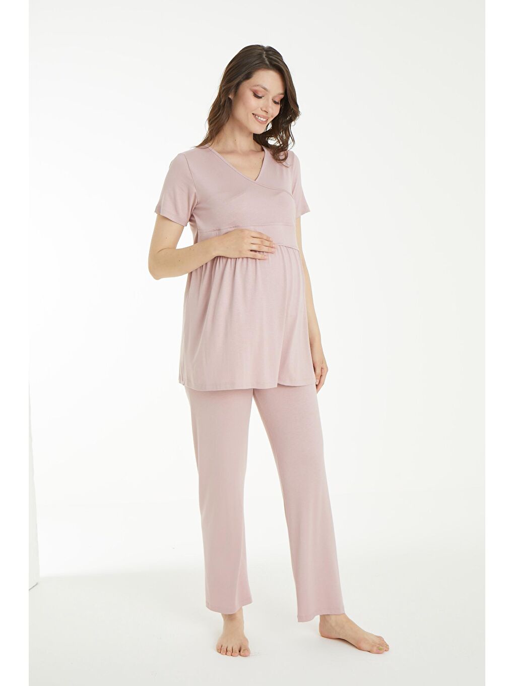 Pembe Pudra Beyaz Desen Sabahlıklı Hamile ve Lohusa Pijama Takımı-2