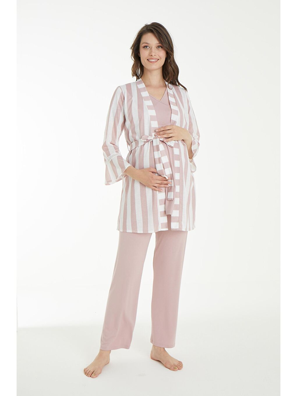 Pembe Pudra Beyaz Desen Sabahlıklı Hamile ve Lohusa Pijama Takımı-3