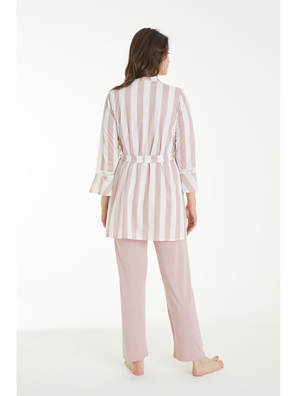 Pembe Pudra Beyaz Desen Sabahlıklı Hamile ve Lohusa Pijama Takımı-4