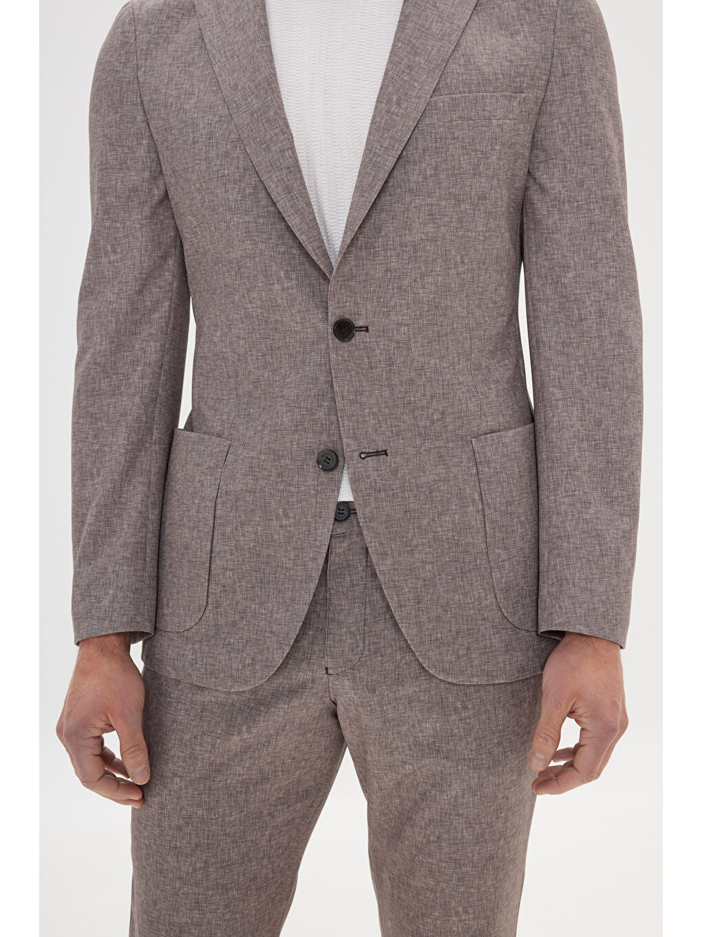 Bej Erkek Vizon Slim Fit Mono Yaka Beli Bağlamalı Desenli Takım Elbise-6